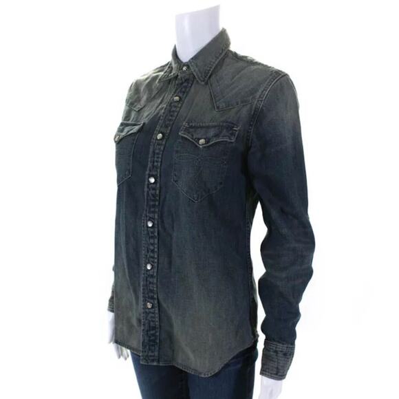RRL Ralph Lauren Icon Western Shirt Blue Denim Size 2 - Picture 2 of 8